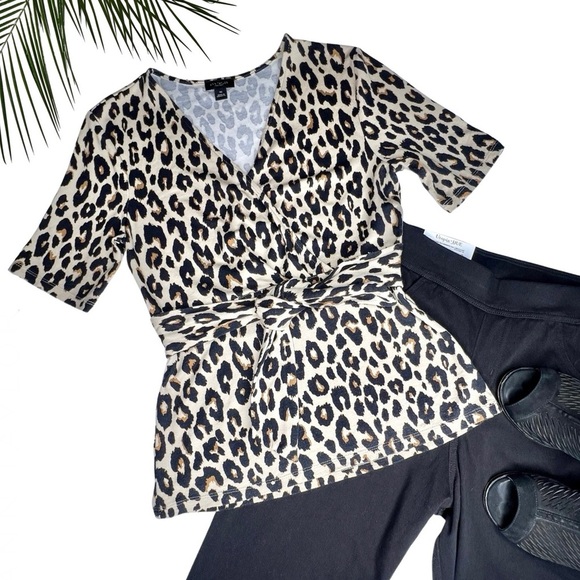 Ann Taylor Factory Faux Wrap Leopard Animal Print Belted Top Tan Black Brown XS - Picture 12 of 12